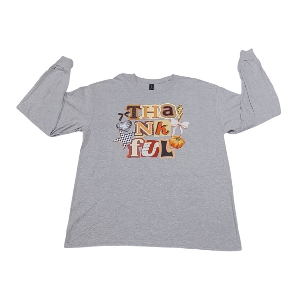 Gildan Heavy Cotton Thankful Graphic Long Sleeve T-Shirt Grey Large